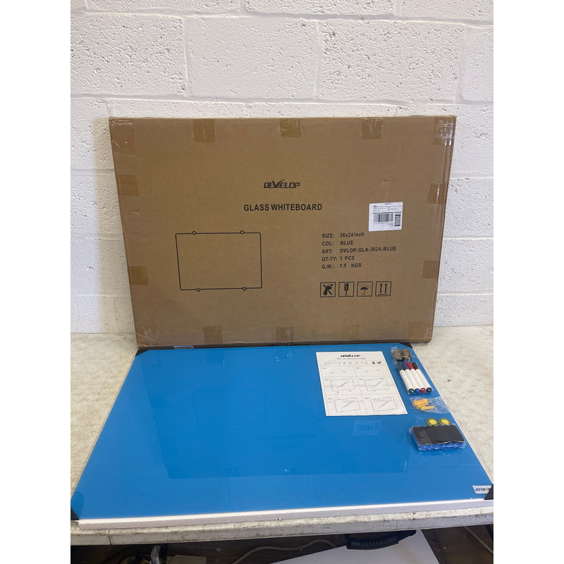DEVELOP Magnetic Glass Whiteboard, Dry Erase Baard 36" x 24" Blue Frosted, w Markers