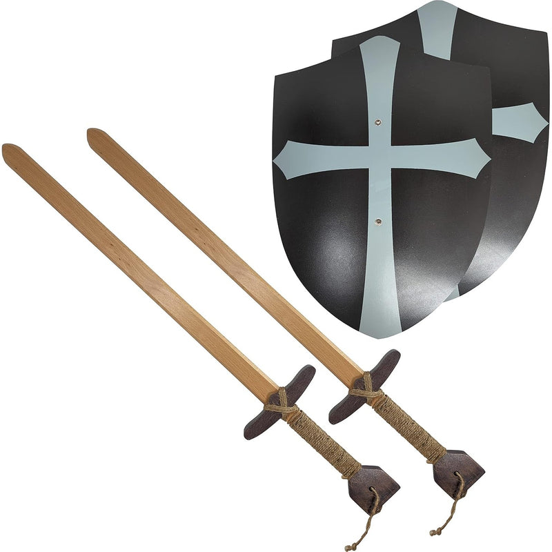Knights Templar Style Wooden Sword & Shield Set, Lightweight & Durable - Black