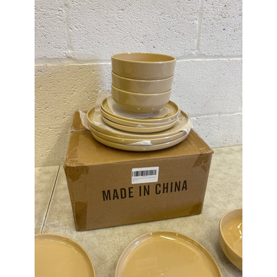 Melamine Dinnerware Sets, 12Pcs Dishes Set for 4, Plates and Bowls Sets - Tan