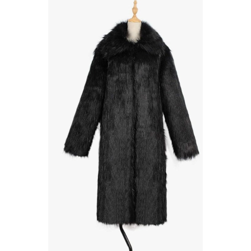 XXL Old Dird Mens Long Sleeve Fluffy Faux Fur Coat Long Soft Outter Jacket Black