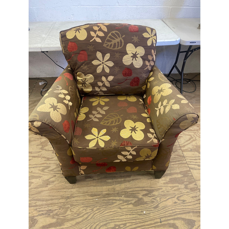 34" Armchair, Floral Design, Accent Chair, Wood Pegs, Brown/Tan/Red