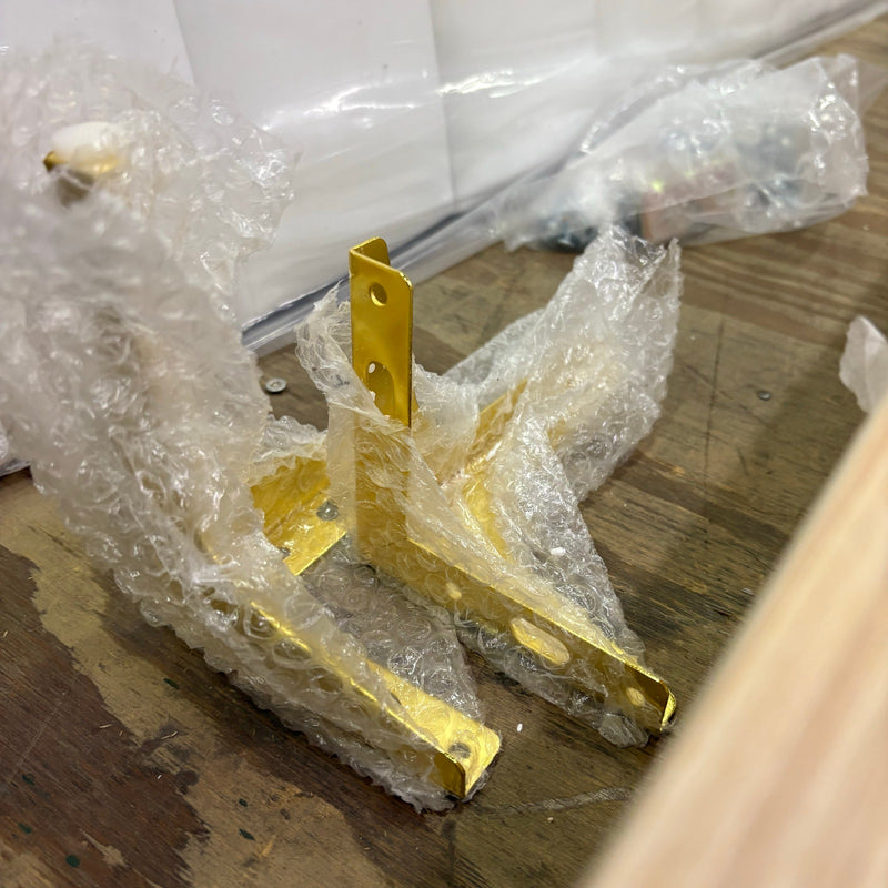 Queen Platform Bed with White Wood Frame, Upholstered Headboard, Gold Edged Panels