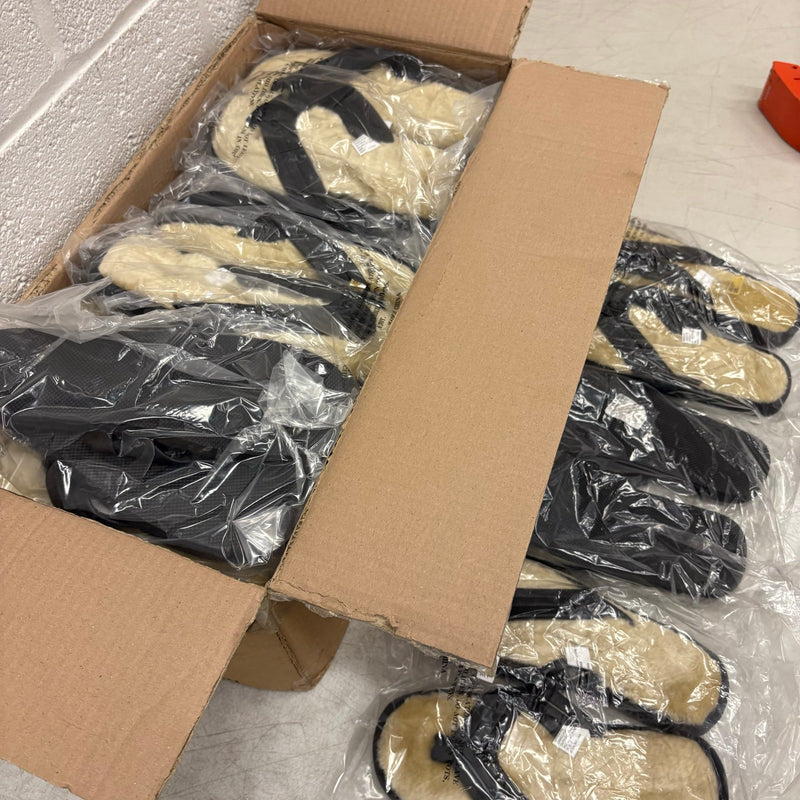 LOT-OF-24 Fireside Flip Flops LARGE, Fur Lining, Rubber Bottom - Black / Tan