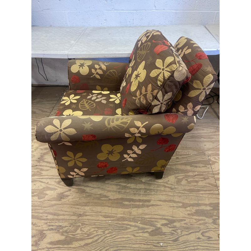 34" Armchair, Floral Design, Accent Chair, Wood Pegs, Brown/Tan/Red