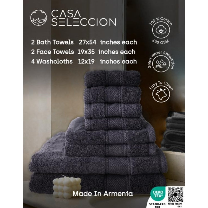Casa Seleccion 8-Piece Bath Towel Set – 2 Bath, 2 Hand, 4 Wash Cloths Dark Gray