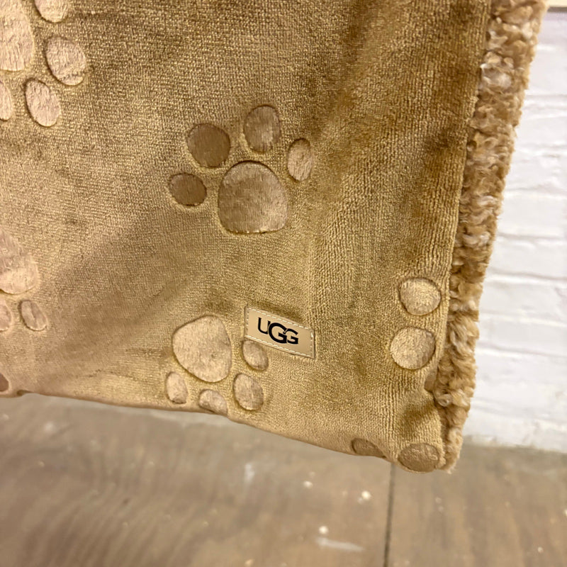 Ugg Dog Blanket 40" x 50" Paw Print Design, Dual Sided Fluffy & Soft Side - Tan