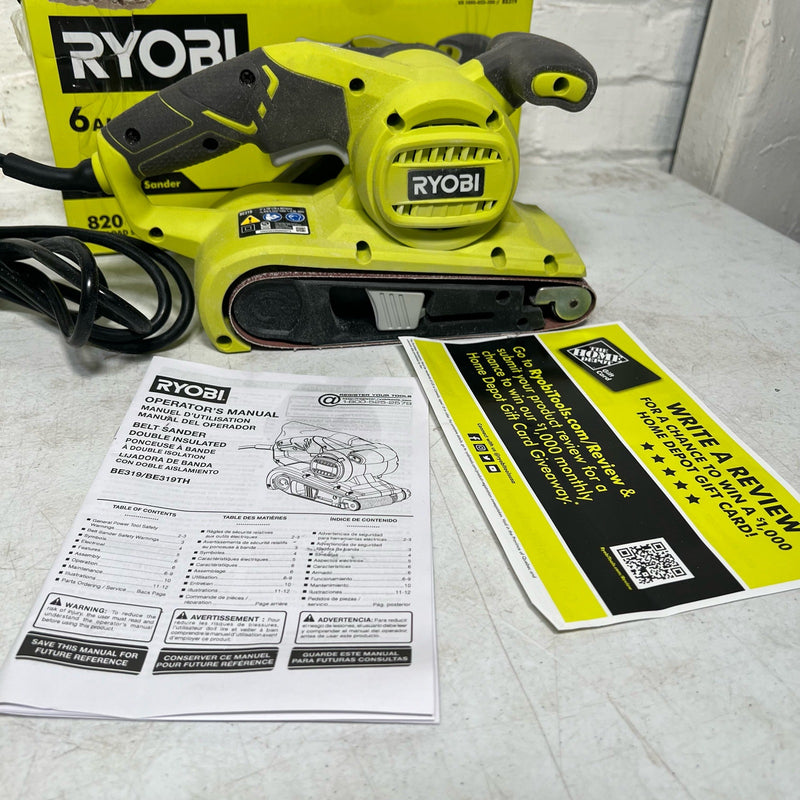 RYOBI 6 Amp Corded 3 in.W x 18 in.L Portable Belt Sander, 820 FRM, NO DUST BAG