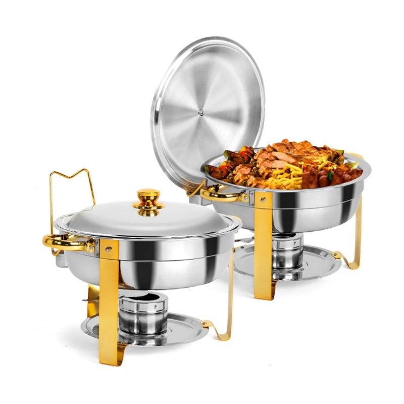 Set of 2 ROVSUN 5-QT Round Gold Chafing Dish Set w Stainless Steel Lid & Holder