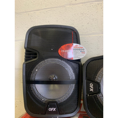 SET-of-2 QFX DUAL 8 Speaker System PA Speakers, Stands and Microphones