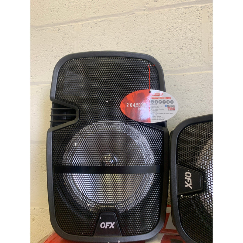 SET-of-2 QFX DUAL 8 Speaker System PA Speakers, Stands and Microphones