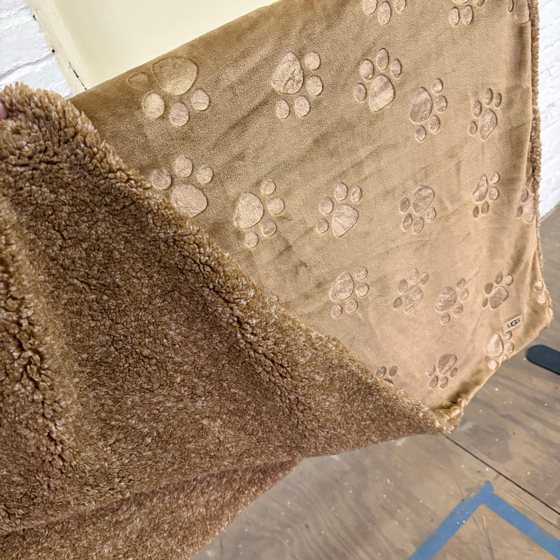 Ugg Dog Blanket 40" x 50" Paw Print Design, Dual Sided Fluffy & Soft Side - Tan