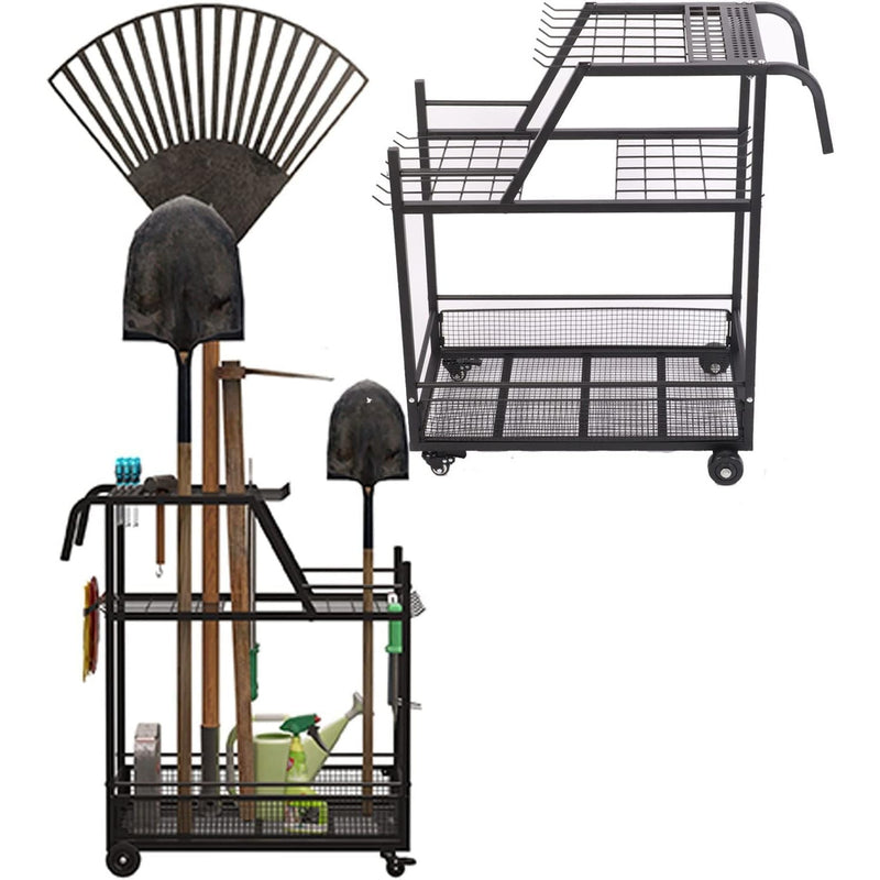MYOYAY Garden Tool Storage Organizer with Wheels, 3 Layer Trolley - Black