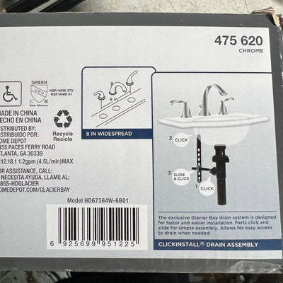 Glacier Bay 8in Widespread 2-Handle High-Arc Bathroom Faucet Chrome SEE DETAILS