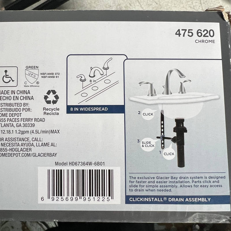 Glacier Bay 8in Widespread 2-Handle High-Arc Bathroom Faucet Chrome SEE DETAILS